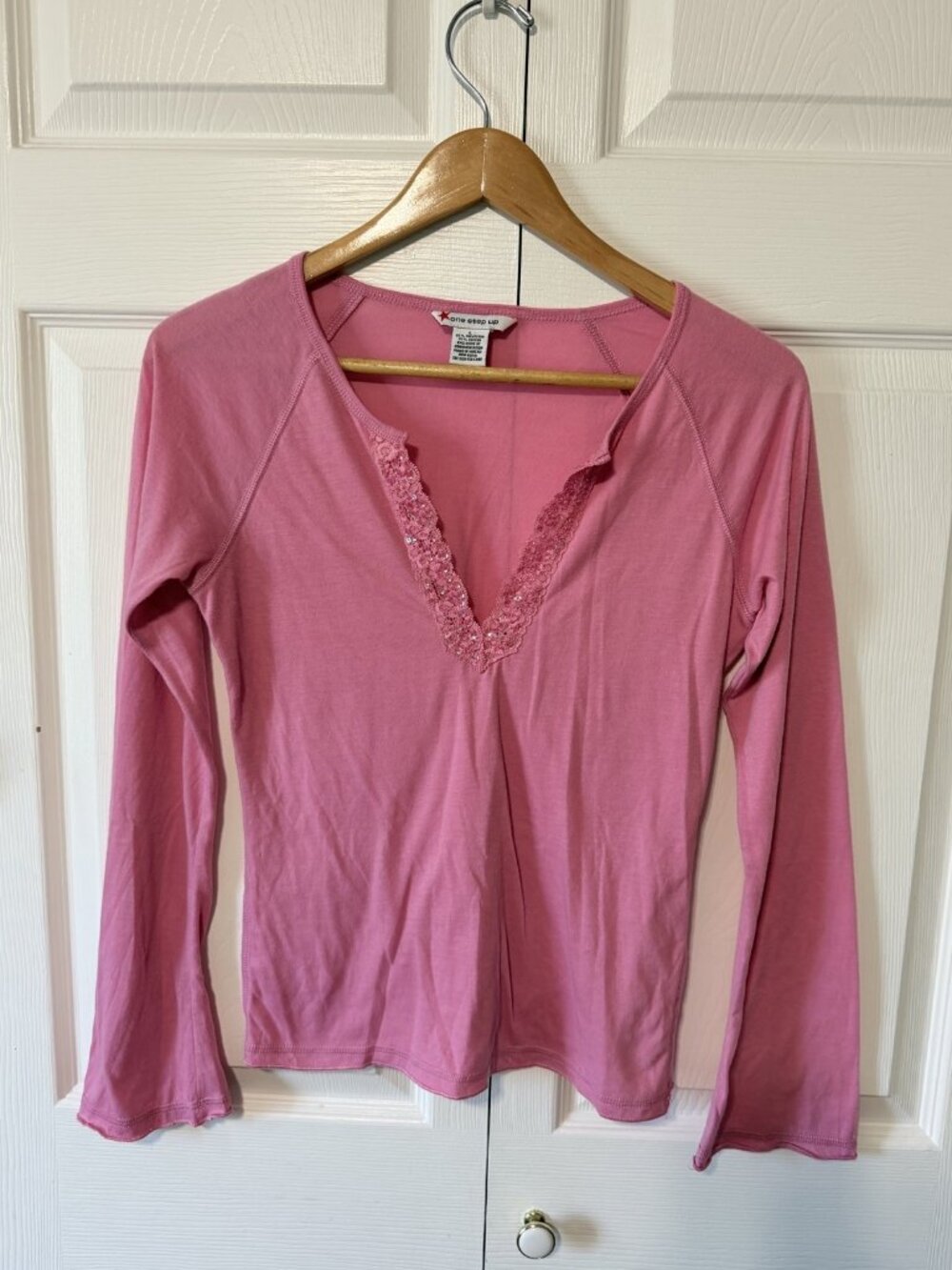 One Step Up Pink Top with Sequin Lace Trim, Size L